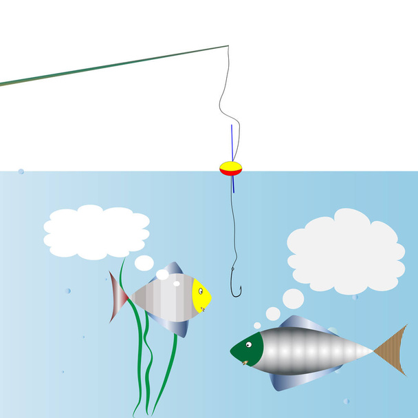 On fishing. Fishing rod with a float and an empty hook. next swims by two fish.  Conceptual image of the dialogue fish. There is a place where to put the tex - Vector, Image