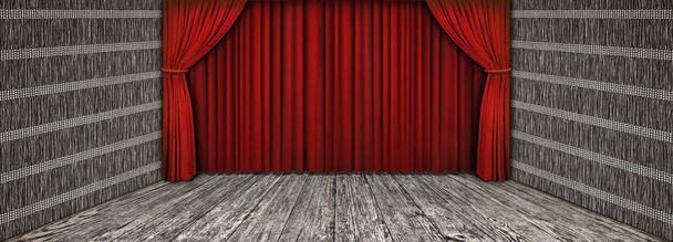 Wysokiej rozdzielczości rustykalne drewniane Teatr dekoracje z obniżone czerwone zasłony i pustej scenie front - Zdjęcie, obraz