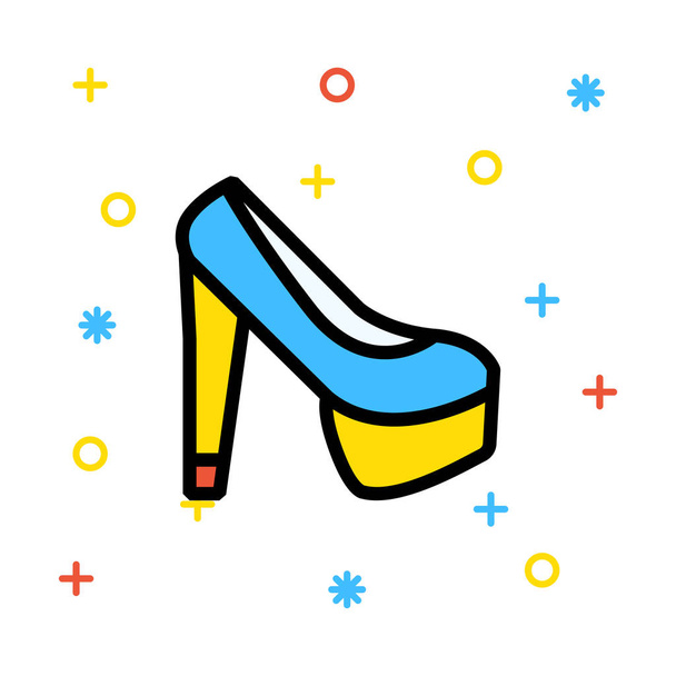 Zapato de tacón alto amarillo y azul sobre fondo blanco con símbolos de colores
 - Vector, imagen