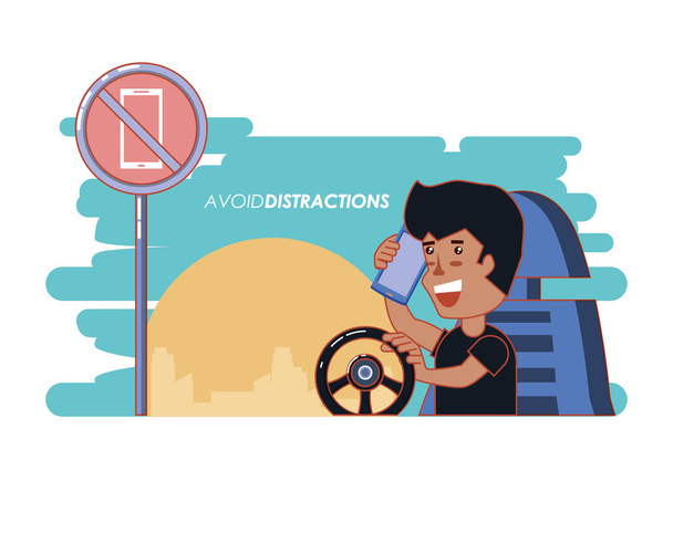 persona que conduce con una etiqueta de distracciones vacías
 - Vector, Imagen