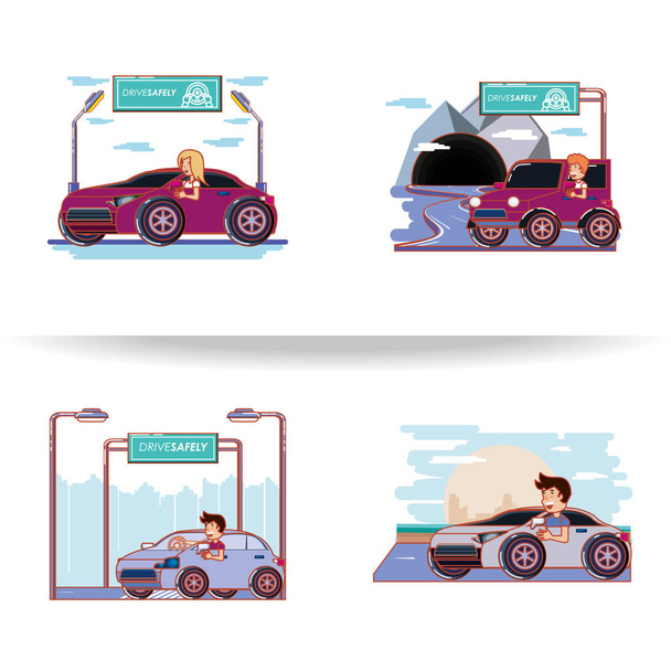 people driving with driver safely icons - Vector, Image