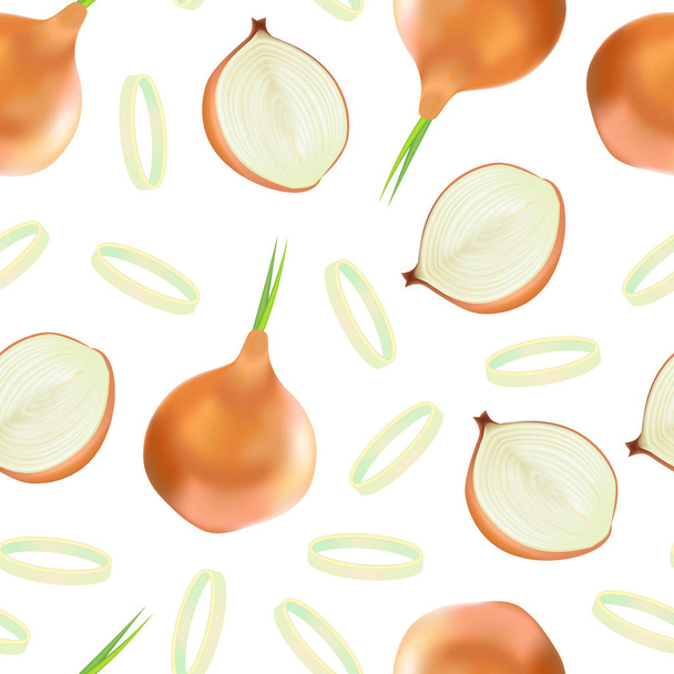 Realistic Detailed 3d Whole Onion and Slice Seamless Pattern Background. Vector - Wektor, obraz