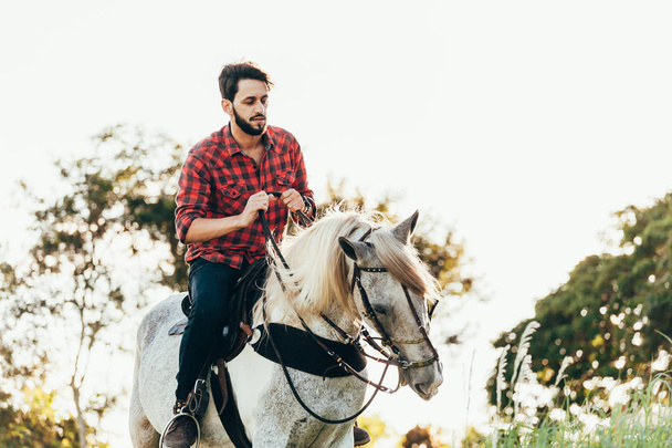 Young man riding white horse on the countryside - Valokuva, kuva