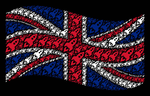 Waving British Flag Pattern of Space Rocket Launch Icons - ベクター画像