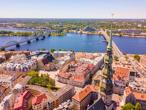 Aerial view of the bell tower of St. Peter's Cathedral in Riga, Latvia. - Zdjęcie, obraz