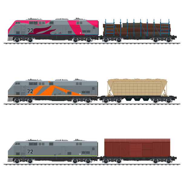 Lokomotive mit geschlossenem Waggon, mit Trichterwagen und Bahnsteig für den Holztransport, Schienengüterverkehr, Vektordarstellung - Vektor, Bild