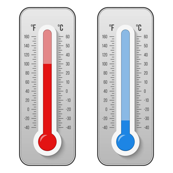 Creative vector illustration of celsius, fahrenheit meteorology thermometers scale isolated on background. Heat, hot, cold signs. Art design equipment. Weather temperature. Abstract concept graphic. - ベクター画像
