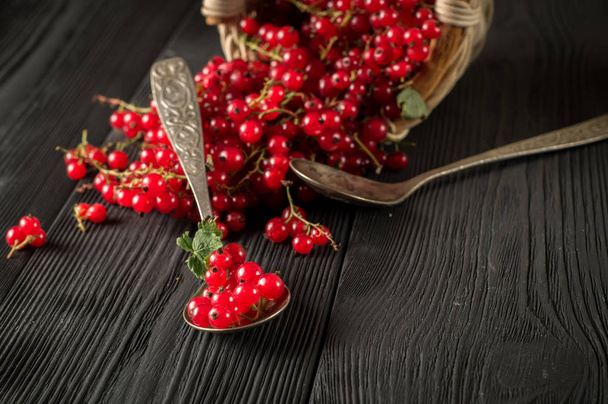 close up red currant berry on black wood boards - Φωτογραφία, εικόνα