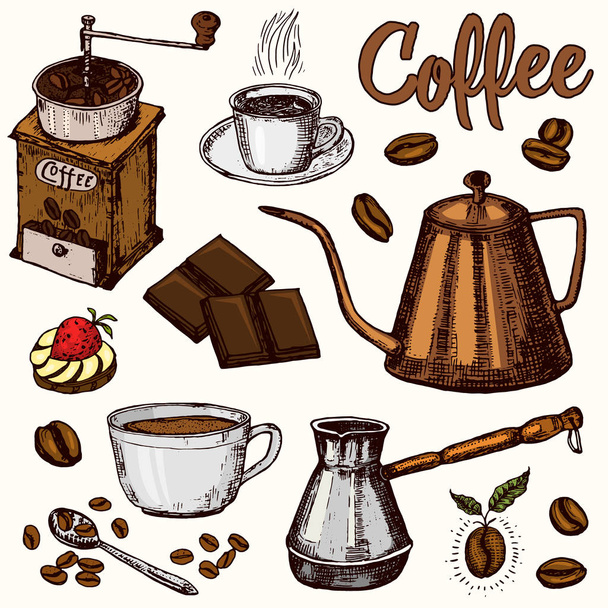 Traditional Filter Coffee Maker. Modern vintage elements, percolator, plants, grain and kettle for the shop menu. Vector illustration. engraved hand drawn in old sketch for card, badges, labels. - Vector, Image