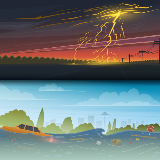 Flood or natural disaster. Lightning Strike and Rain. Thunderstorm day. Floating garbage. High water, overflow, big waves. Time of evacuation during cataclysm. Landscape Background for poster or card. - Vector, Image