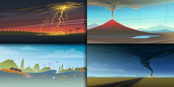 Set of natural disaster or cataclysms. Catastrophe and crisis Background. Realistic Tornado or storm, Lightning Strike, Rain Thunderstorm, Volcano eruption, Flood and Earthquake, Tsunami and Big wave. - Vector, Image