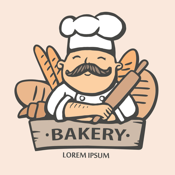 Bäckereilogo. handgezeichnete Vektorillustration des Chefkochs mit Schnurrbart und Brot. Hauptlogo. - Vektor, Bild
