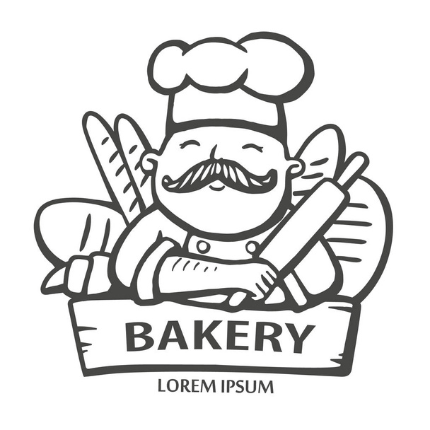 Logo de boulangerie. Illustration vectorielle dessinée à la main du chef cuisinier avec une moustache et un pain. logo principal
. - Vecteur, image