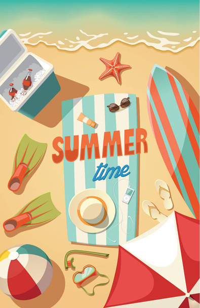 Yaz saati, plaj tatil için gerekli şeyler - Vektör, Görsel