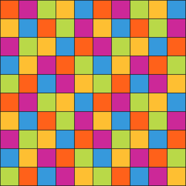 Patrón abstracto sin costuras hecho de pequeños cuadrados coloridos con contorno negro - colores vivos de verde, oro - amarillo, púrpura, naranja - rojo y azul, niño o circo patrón
 - Vector, Imagen
