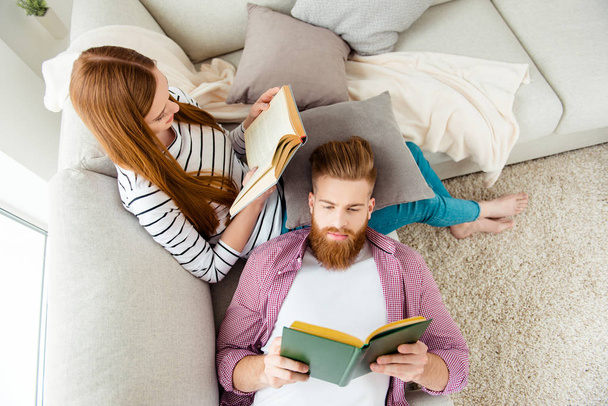 Friendship lifestyle happiness serenity college university feelings  happiness concept. Above overhead view photo of smart cheerful lovely cute sweet calm careless two partners reading book - Фото, изображение