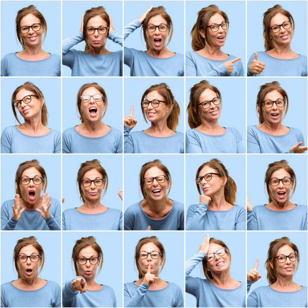 Femme d'âge moyen, collage d'émotions diferentes sur fond bleu
 - Photo, image