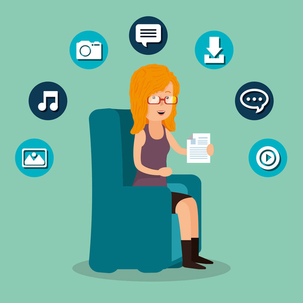 woman working with social media icon - Vector, Image