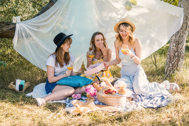 Skupina přátel dívek dělat piknik venkovní. Mají fun - Fotografie, Obrázek