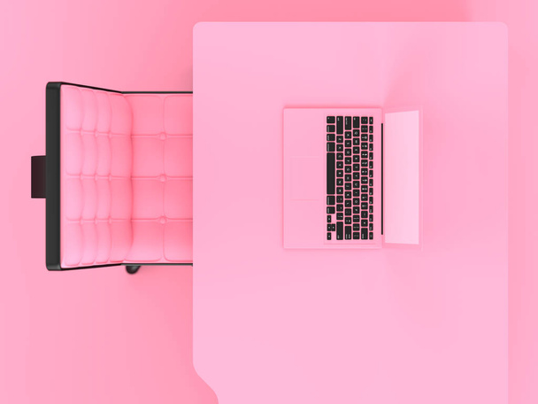 Laptop on table and chair pink color top view with copy space for your text. Minimal concept 3d render. - 写真・画像