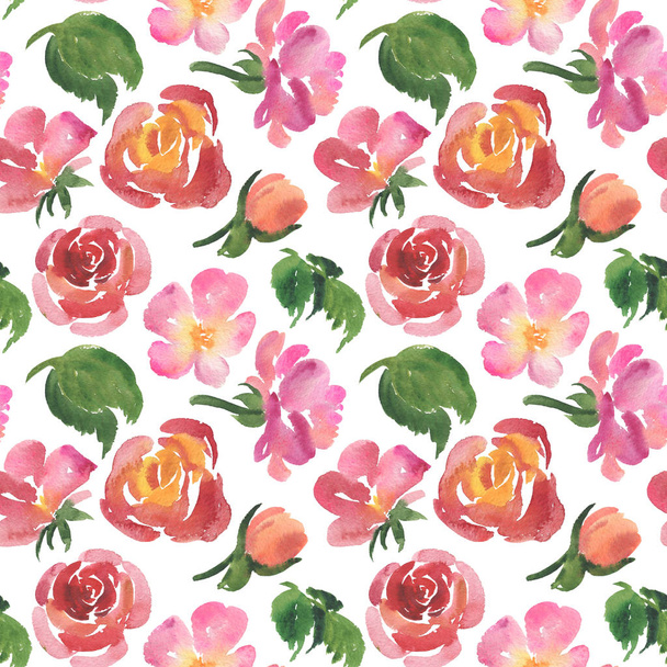 Seamless pattern of watercolor roses, green leaves - Foto, Imagem