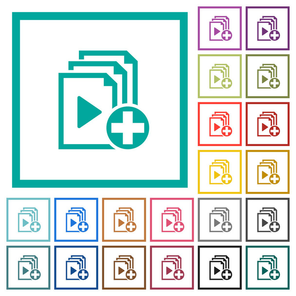Nieuw item toevoegen aan afspeellijst egale kleur pictogrammen met Kwadrant frames op witte achtergrond - Vector, afbeelding