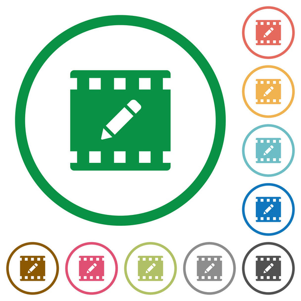 rename movie flat color icons in round outlines on white background - Vector, Image