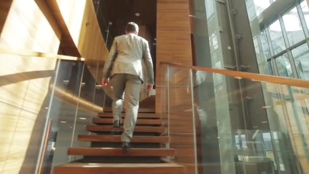 Uomo d'affari salendo le scale indietro basso angolo vista moderna casa in legno vetro commodious interni. Uomo in giacca e cravatta ascendente che sale di sopra nell'appartamento dell'ufficio. Stile di progettazione edificio
 - Filmati, video
