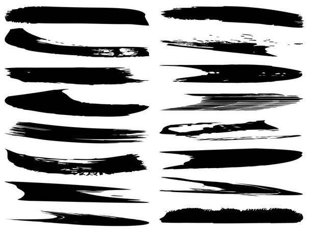 Vektor gyűjteménye művészi piszkos fekete festék kéz tette kreatív ecsetvonás készlet elszigetelt fehér háttérrel. Egy csoport absztrakt grunge vázlatok design oktatás vagy grafikai művészeti dekoráció - Vektor, kép