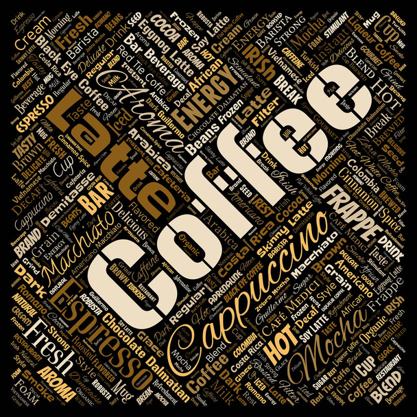 Vektor konzeptionellen kreativen heißen Morgen italienischen Kaffeepause Cappuccino oder Espresso Restaurant oder Cafeteria quadratischen roten Getränk Wortwolke isoliert. ein Spritzer Energy oder Geschmacksgetränk Konzepttext - Vektor, Bild