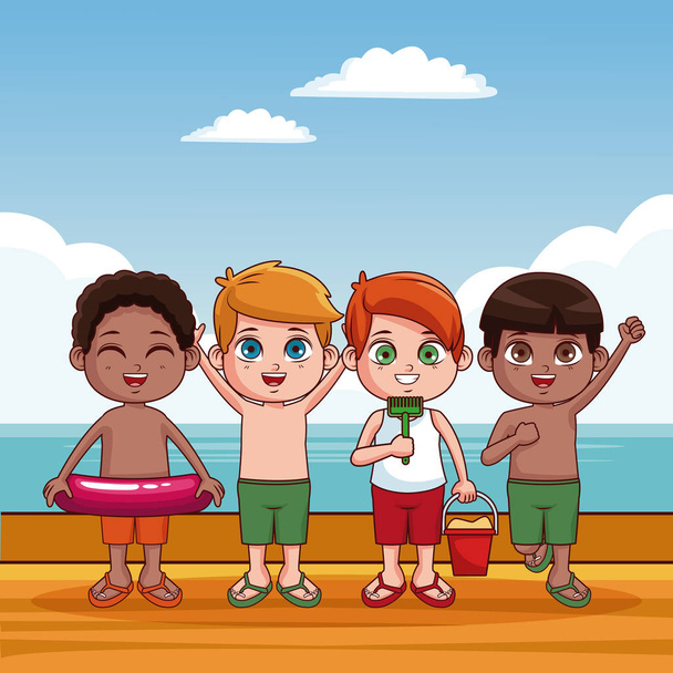 Słodkie dzieci na plaży kreskówka - Wektor, obraz