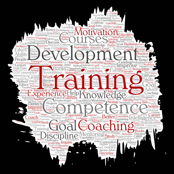 Vector conceptual training, coaching or learning, study paint brush paper word cloud isolated on background. Collage of mentoring, development, motivation skills, career, potential goals or competence - Vector, Image