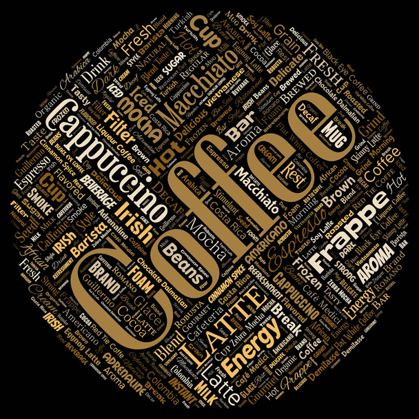 Vector conceptual creative hot morning italian coffee break cappuccino or espresso restaurant or cafeteria round circle red beverage word cloud isolated. A splash of energy or taste drink concept text - Vector, Image