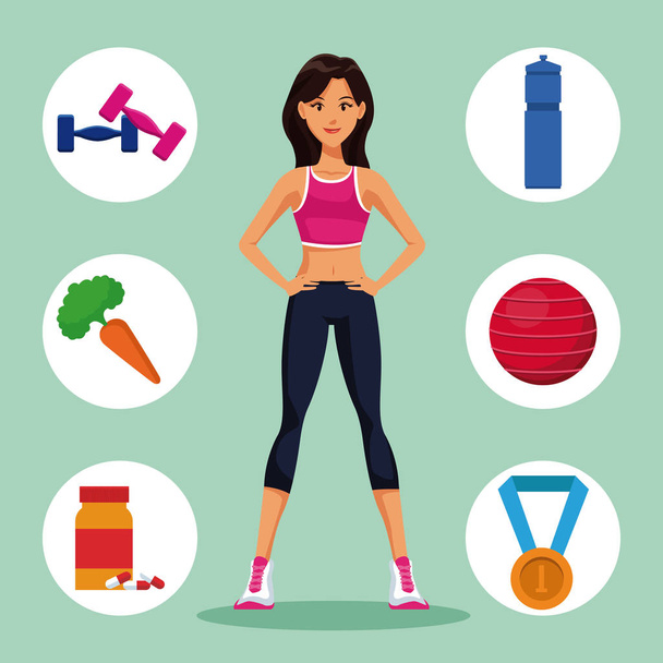Fitness woman with sport symbols - Vector, Image