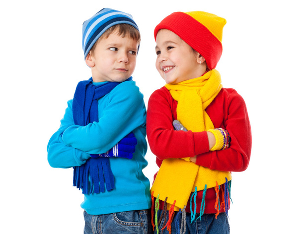 Two emotional kids in winter clothes - Photo, Image