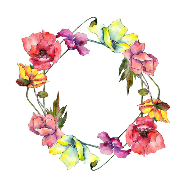 Colorful poppy. Floral botanical flower. Frame border ornament square. Aquarelle wildflower for background, texture, wrapper pattern, frame or border. - Fotoğraf, Görsel