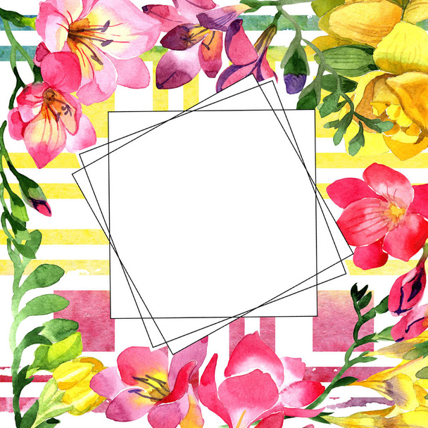 Colorful freesia. Floral botanical flower.Frame border ornament square. Aquarelle wildflower for background, texture, wrapper pattern, frame or border. - Foto, afbeelding