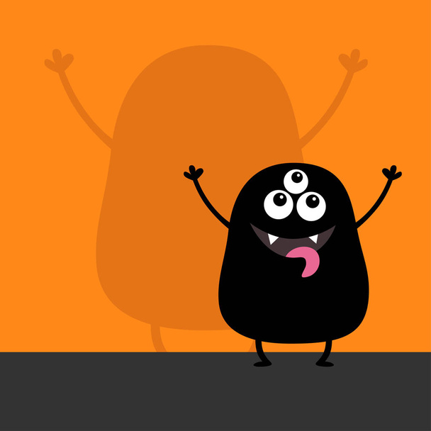 Monster black silhouette looking up. Wall shadow shade. Three eyes, teeth fang, big tongue spooky hands up. Funny Cute cartoon baby character. Happy Halloween. Flat design. Orange background. Vector - Vector, Image
