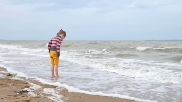 Прекрасна дівчинка переглядають, хвиль на березі океану, стоячи біля води. Слабкі шторм на морі - Кадри, відео