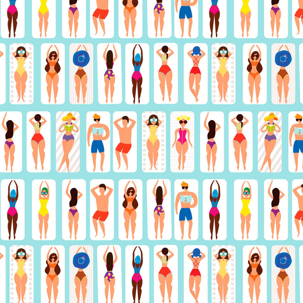 Padrão sem costura de verão com as pessoas na praia.Férias de verão, mulheres tomando banho de sol em bikini.Background pode ser usado para papéis de parede, preenchimento de padrão, texturas de superfície
. - Vetor, Imagem