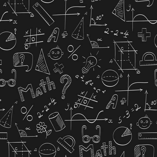 Seamless pattern on the theme of the school, of education and of the subject mathematics, the light hand-drawn graphics, formulas, and icons on dark background - Vector, Image