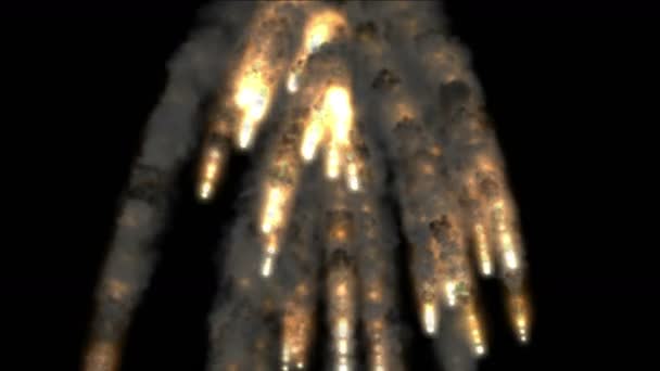 4 k の終末戦争シーン、自然火山噴火発射されたミサイルのグループ. - 映像、動画