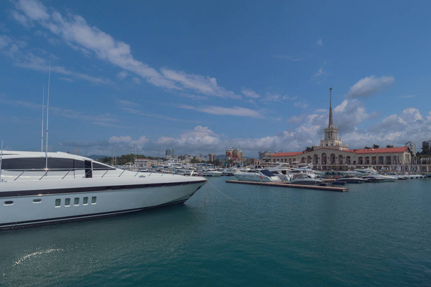 Panarama of luxury yachts docked in sea port at summertime. - Фото, изображение