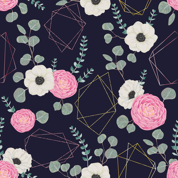 Seamless pattern with golden polygonal shapes and floral elements in watercolor style. White anemone, pink camellias flowers and eucalyptus leaf. Vector illustration  - ベクター画像