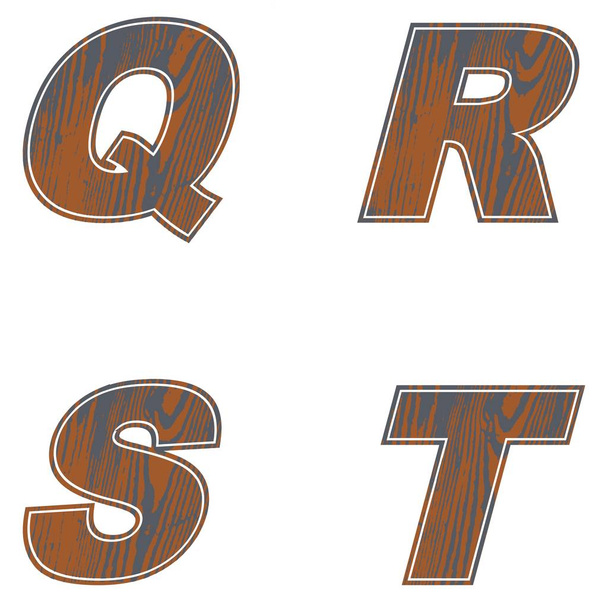 Q, R, S, T, Letters of brown color. Design of old wood Vector illustration - Wektor, obraz
