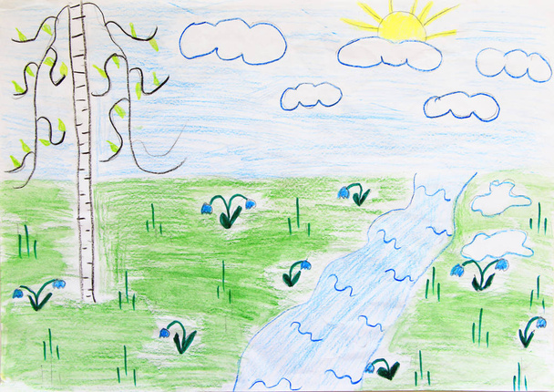 Rysunek dziecka rzeka brzoza i kwiatów. Jasne kolory na lato. Dziecinna sztuki. Grafika rysowana przez ołówki. Rysunek dla dzieci przez kredki farby na papierze - Zdjęcie, obraz