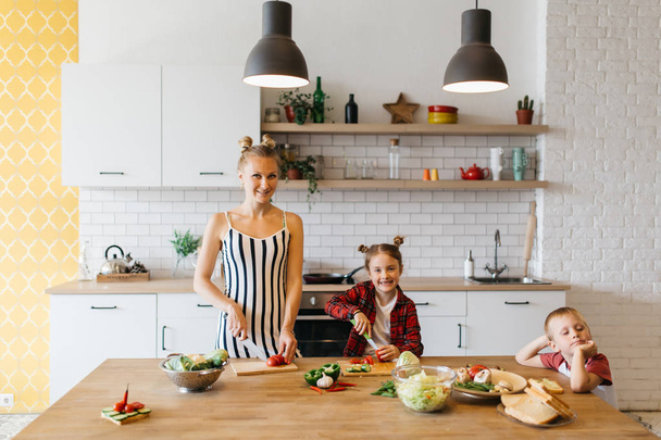 Photo of beautiful woman with her daughter cutting vegetables in kitchen - Foto, Imagen