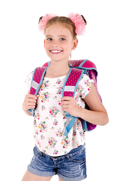 Portrait of smiling happy school girl child with school bag backpack isolated on a white background education concept - Photo, image