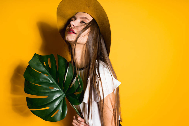attractive long-haired girl model in stylish hat holds a green leaf and poses - Foto, Imagen