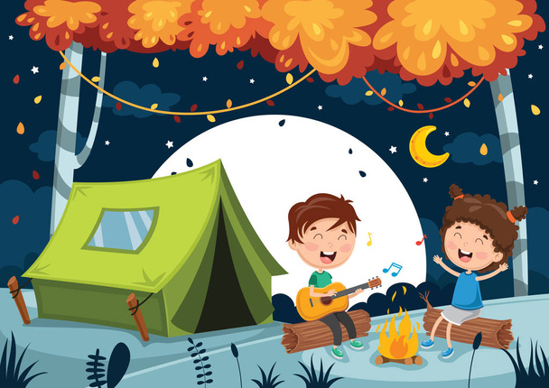 Vector Illustration Of Kids Camping - Vector, Image